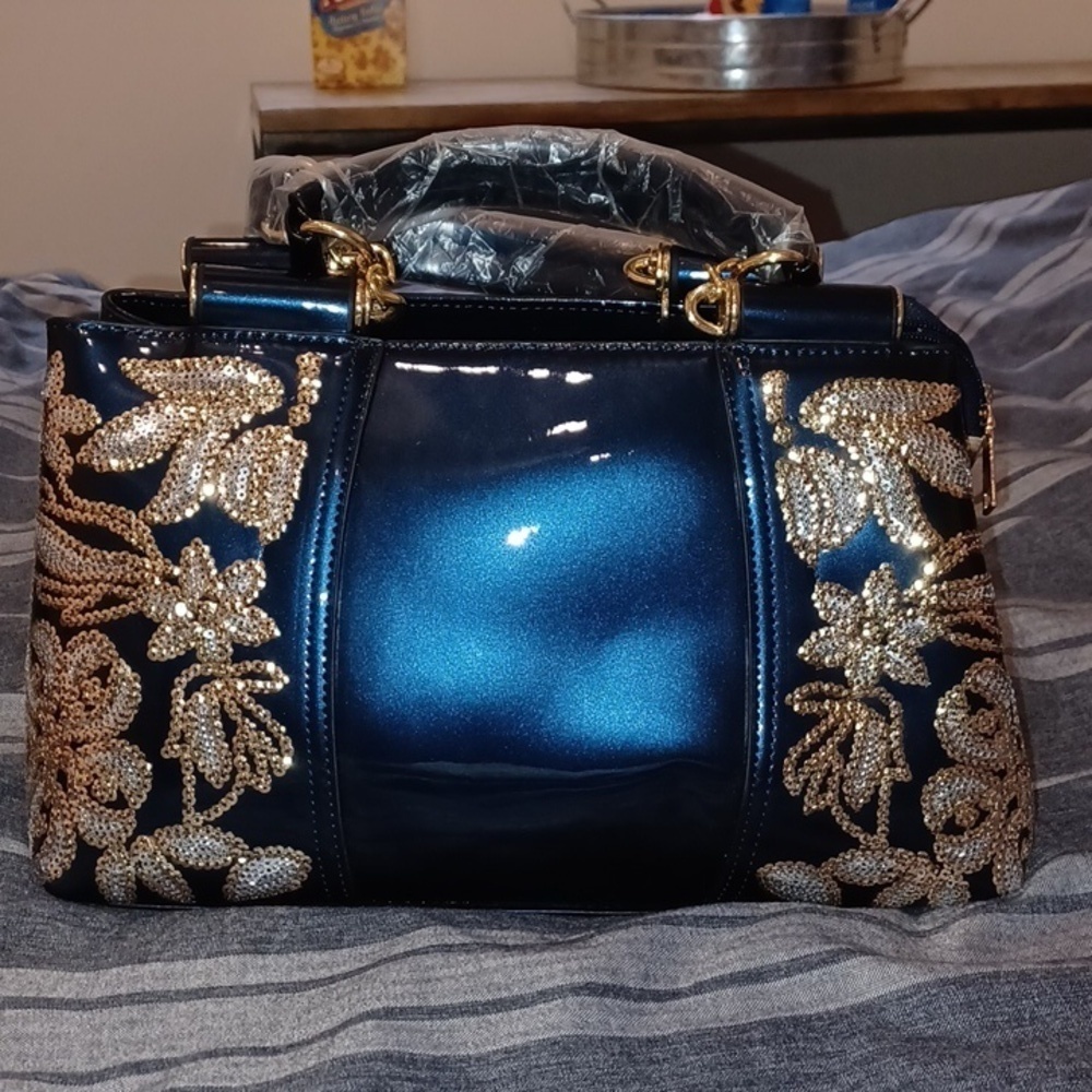 Patent Leather Top Handle Crossbody Handbag, Navy & Gold & Silver, 12.5x7. 5x5.5